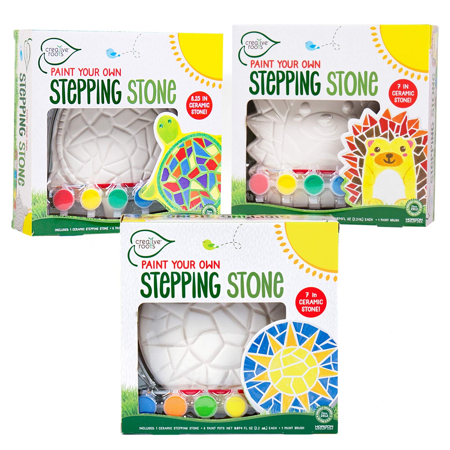Creative Roots Mosaic Turtle, Hedgehog, & Sun - 3-Pack 7-Inch Ceramic Stepping Stones & 6 Vibrant Paints, Paint Your Own DIY Ste