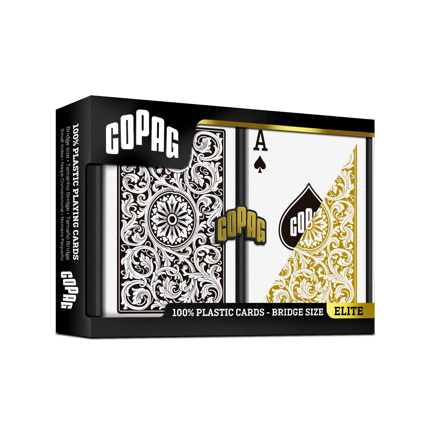 Copag 1546 Design 100% Plastic Playing Cards, Bridge Size (Narrow) Black/Gold (Standard Index, 6 Sets)