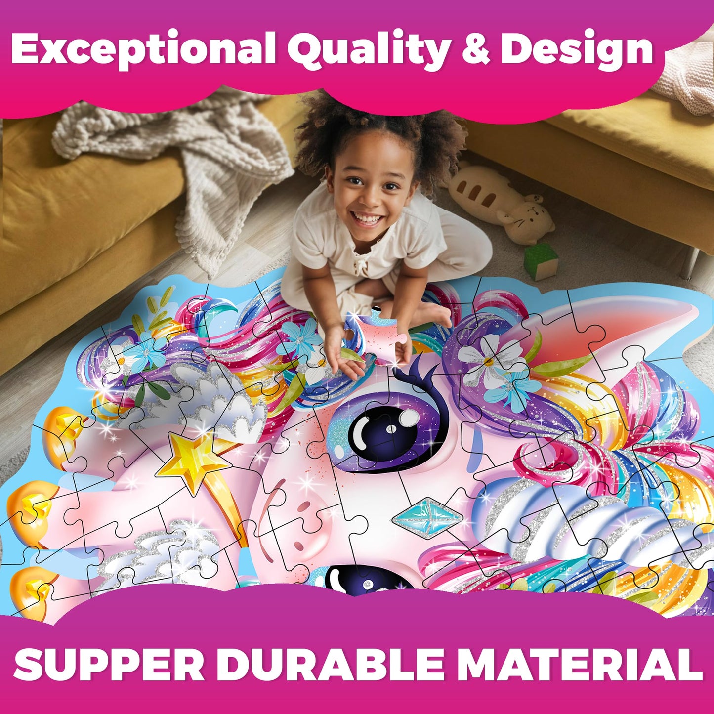 Quokka Glitter Floor Puzzles For Kids Ages 3-5 - 2X3 Ft 48 Pcs Puzzles For Toddlers 2-4 - Shaped Large Giant Educational Toddler Puzzles Ages 24+ Months - Unicorn Toy Activity Game For Boys And Girls