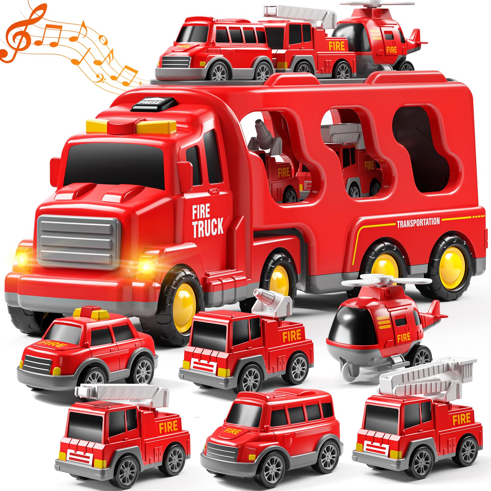 JUKUDAHU 7-in-1 Fire Trucks Car Toys for 3 4 5 6 Years Old - Transport Truck Toys for Toddlers 4-6, Trucks Toys with Sound and L