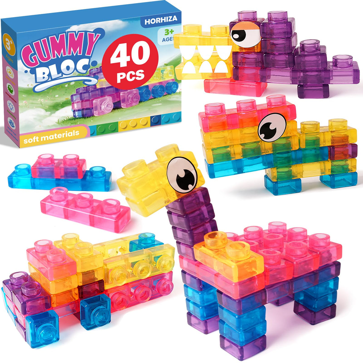 HORHIZA 40 PCS Sensory Soft Building Blocks, Gummy Squishy Toys for Kids 3+