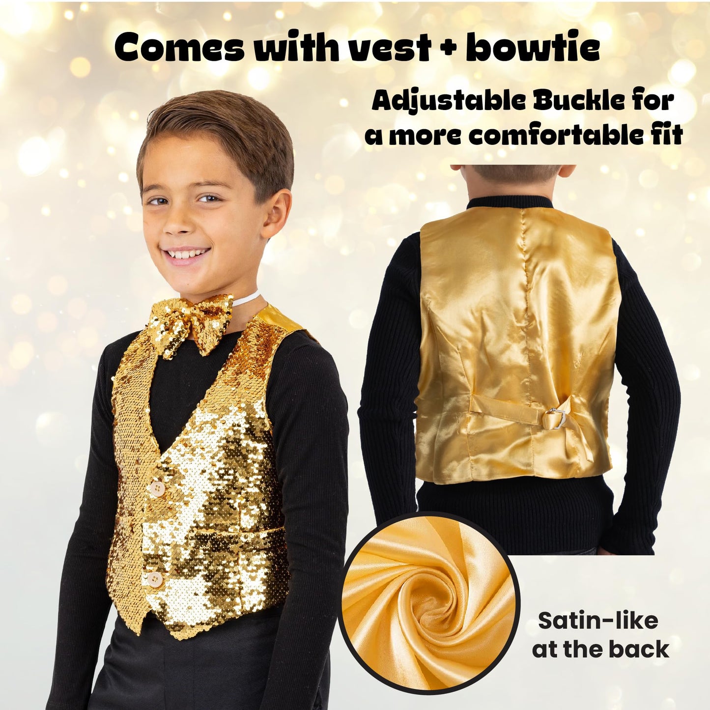 Dress Up America Boys Sequin Vest With Bowtie - Sparkly Costume Vest For Kids - Shiny Formal Party Outfit For Boys (Gold)