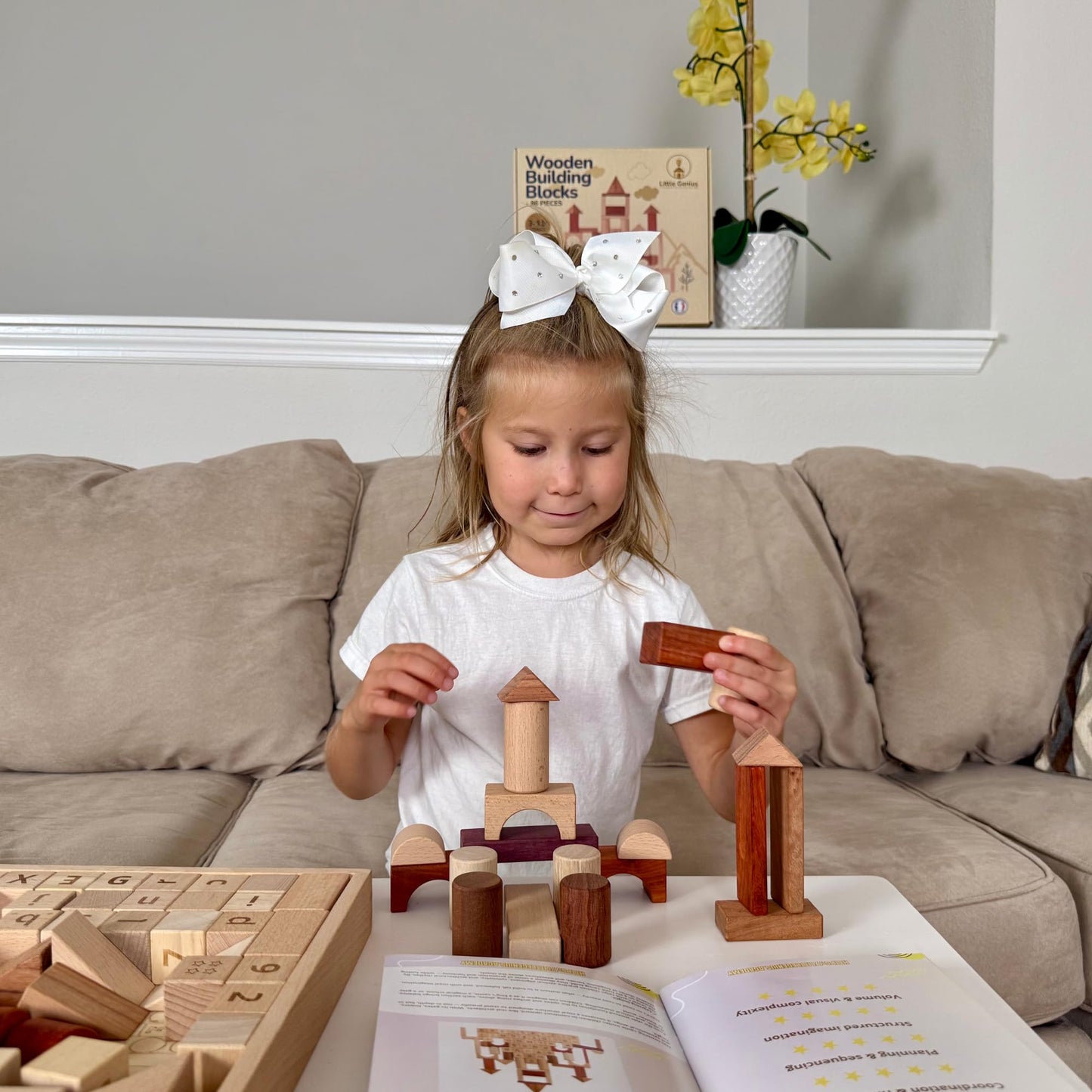 Hexagon Wooden Building Blocks for Toddlers & Kids Ages 3-8 | 86 PCS Montessori Alphabet & Number Set | FSC Beech Wood STEM Toy w/Storage & Learning Guide