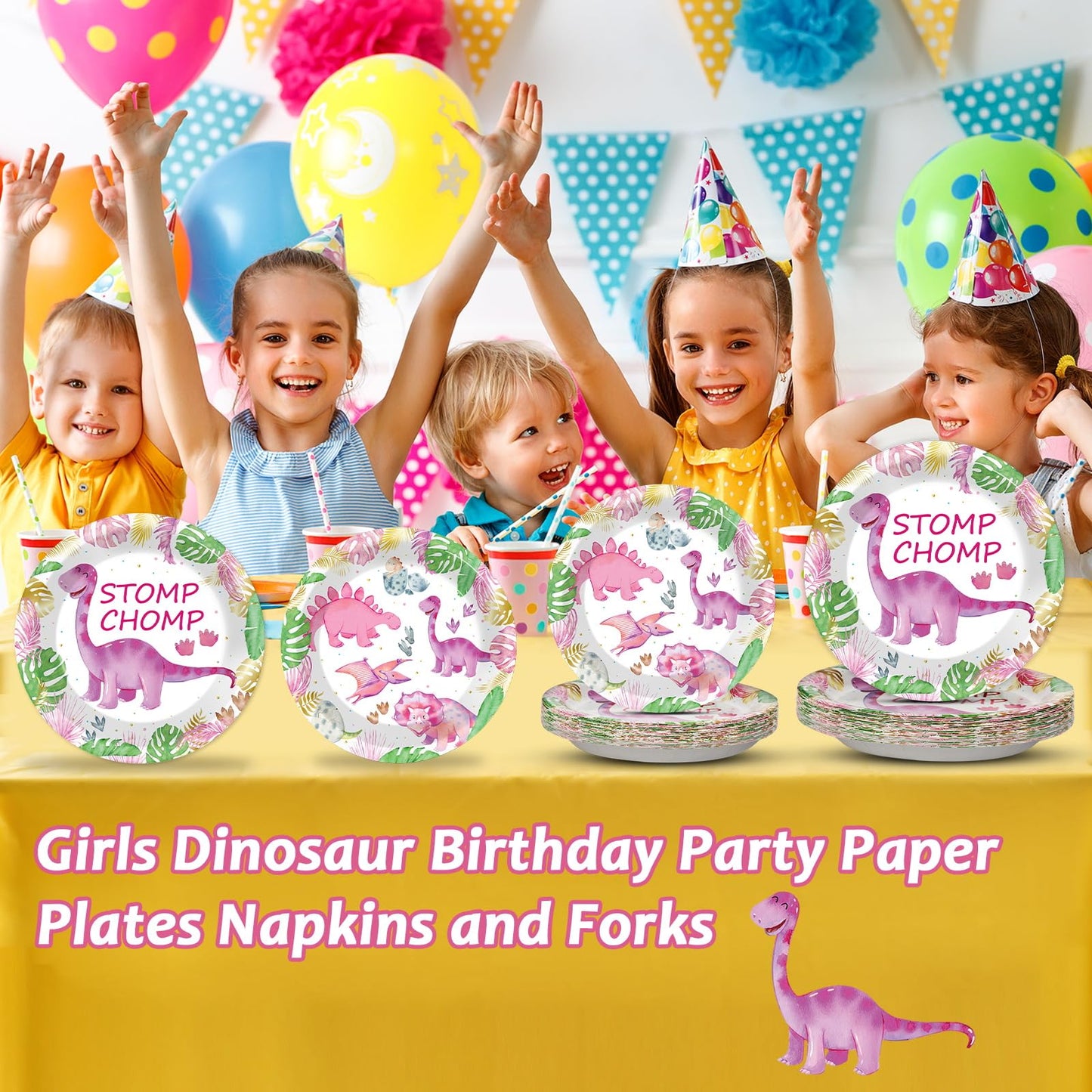 96Pcs Pink Dinosaur Plates And Napkins Party Supplies Watercolor Dinosaur Birthday Party Tableware Set Girls Dino Party Decorati