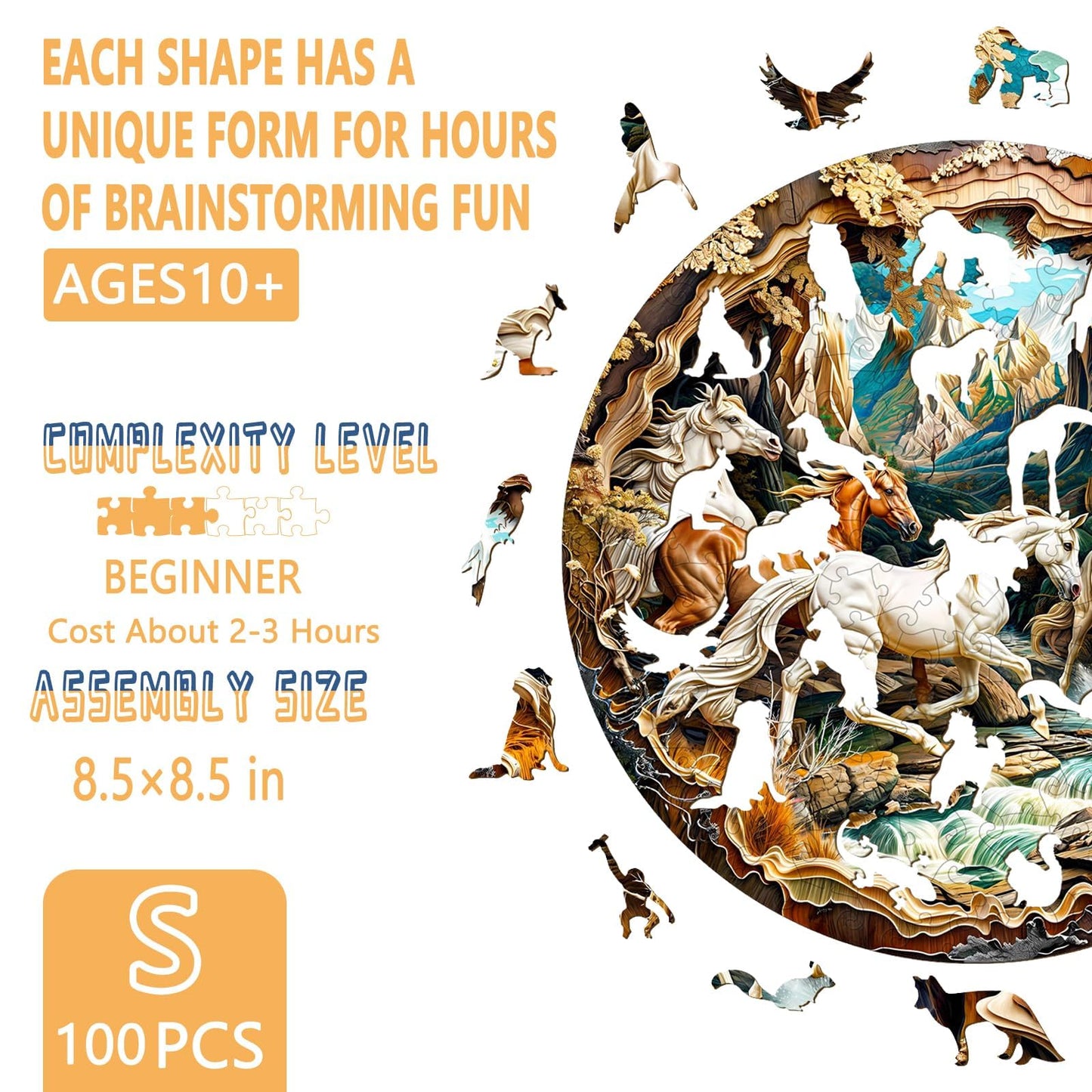 Wooden Puzzles for mature-themeds  3D Visual Effects Running Horses Wooden Jigsaw Puzzles for mature-themed  Wood Puzzles mature-themed  Cool Puzzles  Unique Gift Idea  Wall Art Canvas Puzzle (S-8.5 * 8.5in-100 Pcs)