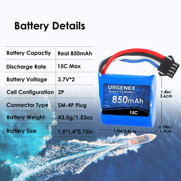 URGENEX Lipo Battery 850mAh 7.4V(2 x 3.7V) RC Boat Battery with SM-4P Plug UDI001 RC Boats Batteries Compatible with RC Boat UDI