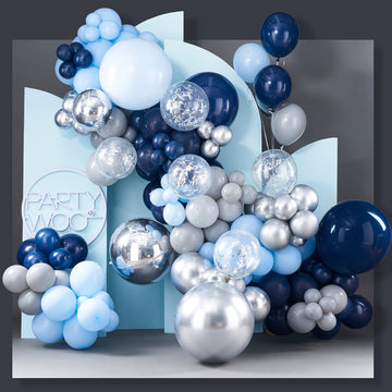 Partywoo 140 Pcs Blue And Silver Balloon Arch Kit, Blue Balloons Garland Kit With 4D Silver Balloons, Navy Blue Metallic Silver Balloons, Glitter Balloons For Birthday, Baby Shower, Wedding
