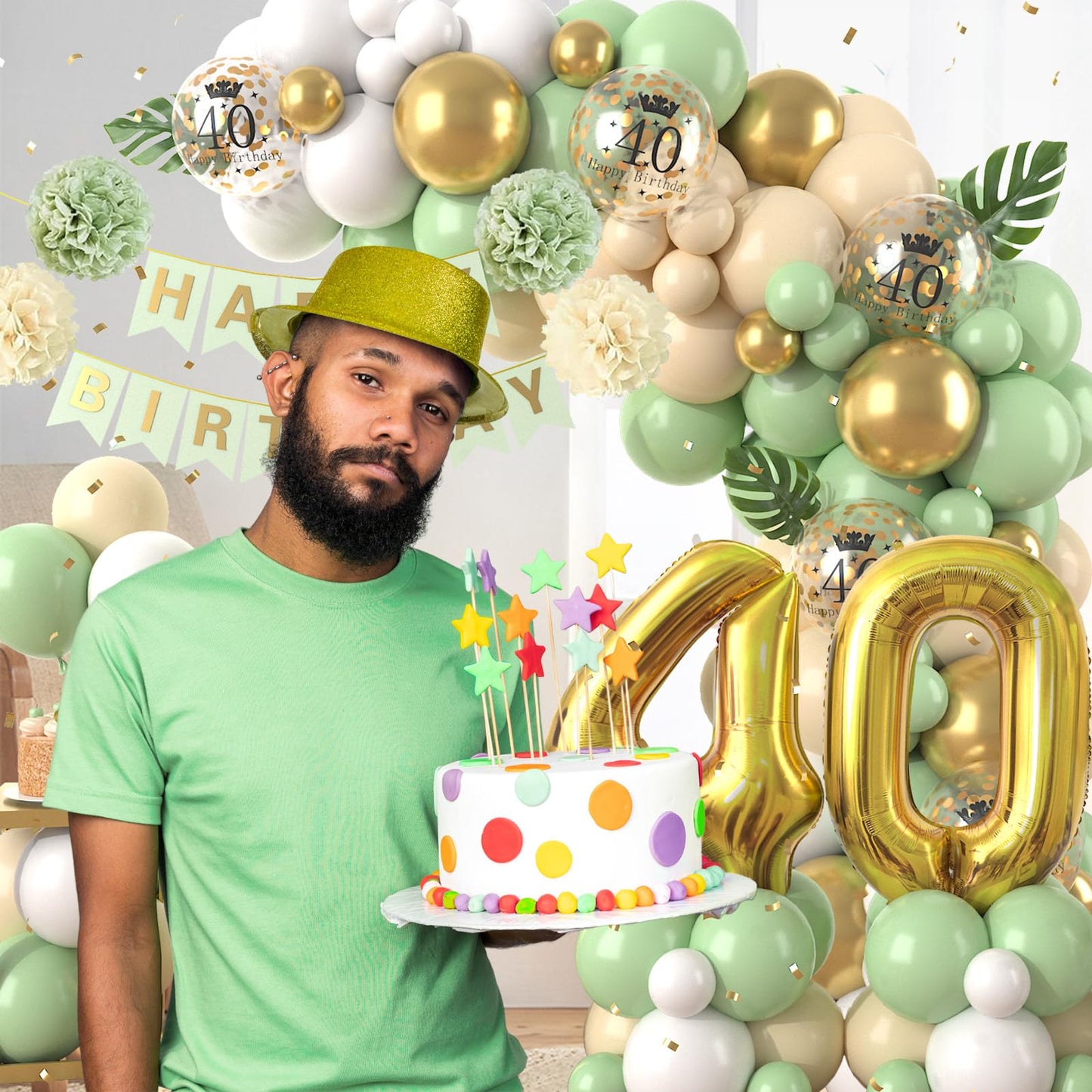 40Th Birthday Decorations Sage Green,40Th Birthday Balloon Garland Party Decorations With Number 40 Foil Balloons,Happy Birthday