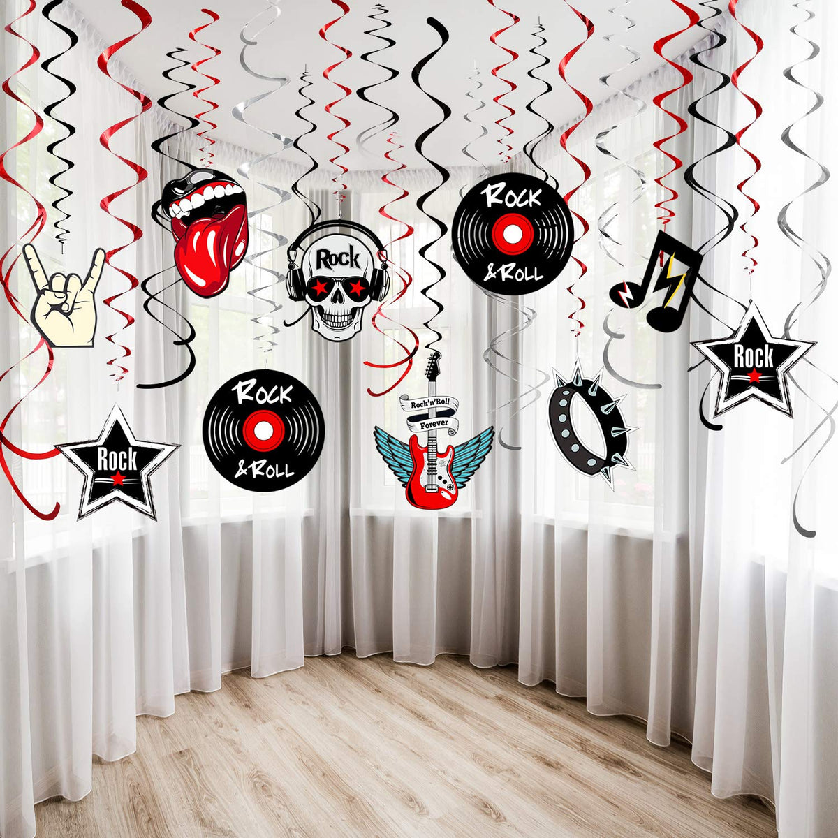 Blulu 30 Pcs Rock Roll Hanging Foil Swirls, 50s Music Party, Black Red