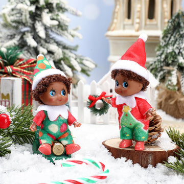 Threan 2 Pcs Christmas Elf Twins Ethnic Hispanic African American Black Elves Doll Xmas Figure Village Elf Accessories Decoration Advent Calendar Stocking Stuffer(Tree Style)