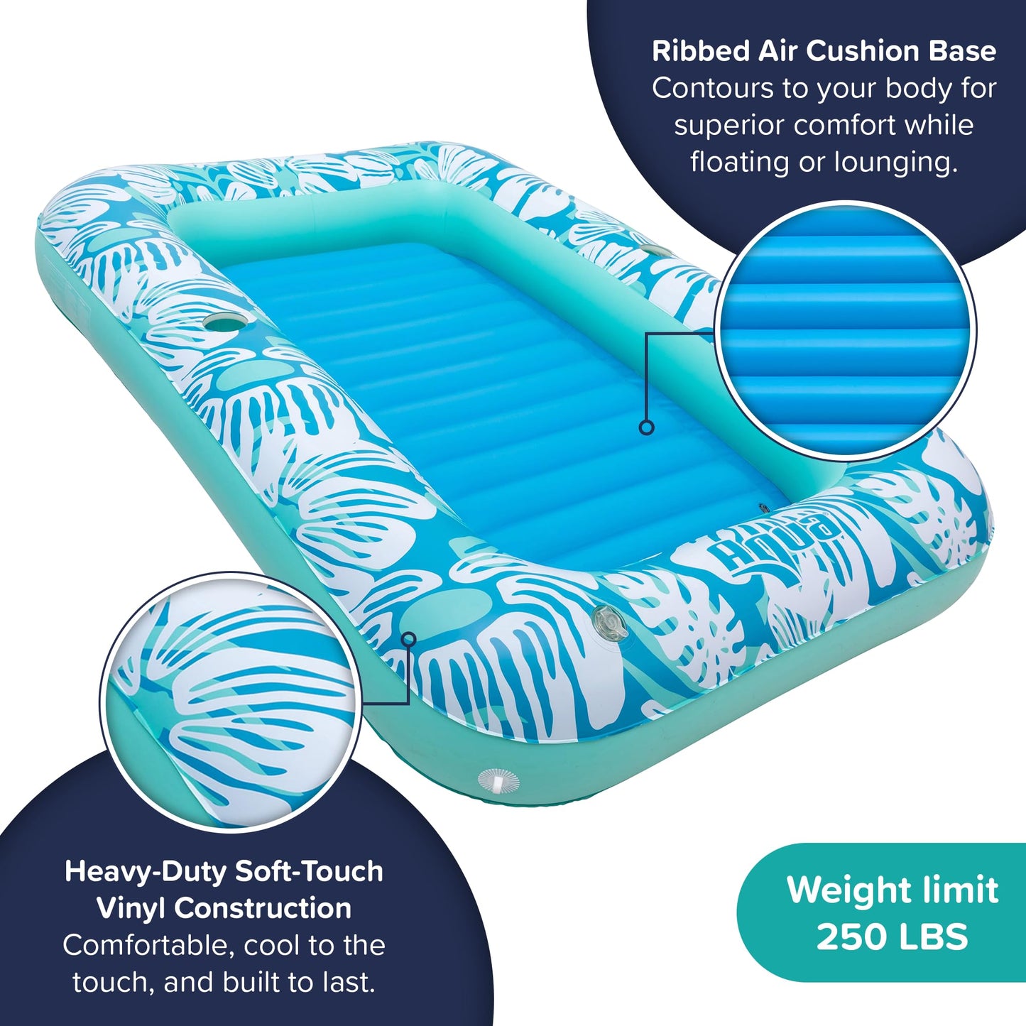 Aqua Inflatable Tanning Pool Lounger - Large (71 x 48 in) - enhanced Pool Float with Cupholders and Removeable Pillow for Relaxation and Fun  Blue Flowers Pattern