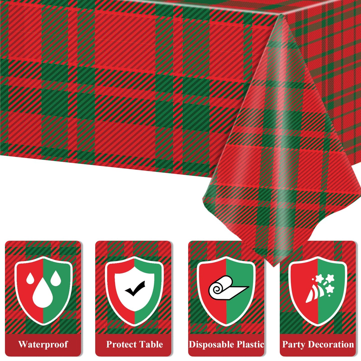 3 Pieces Christmas Tablecloth Buffalo Checkered Plaid Party Tablecover Red And Green Plastic Table Cloths Rectangle Xmas Theme P