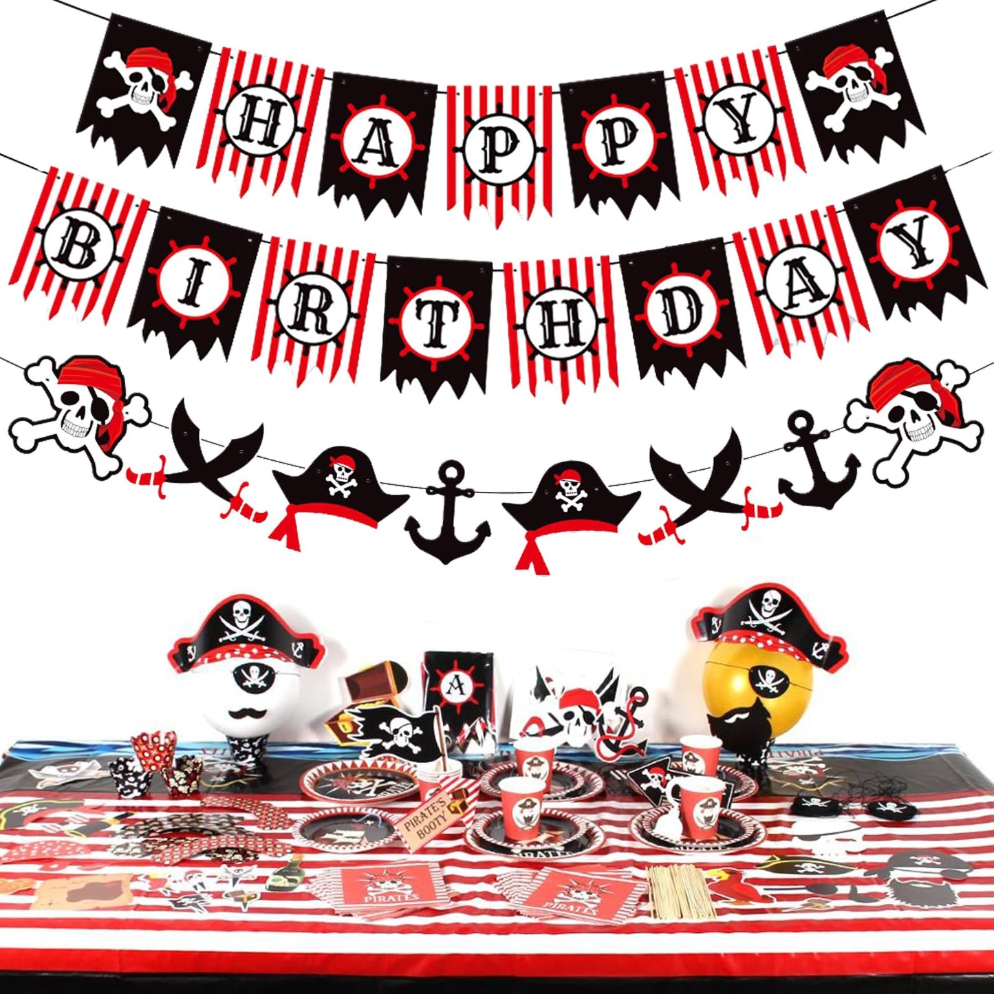 Zwiebeco Red Black White Happy Birthday Banner Pirate Bunting Garland Banner For Boys Girls Kids Teenagers Mens Womens Adults Bi