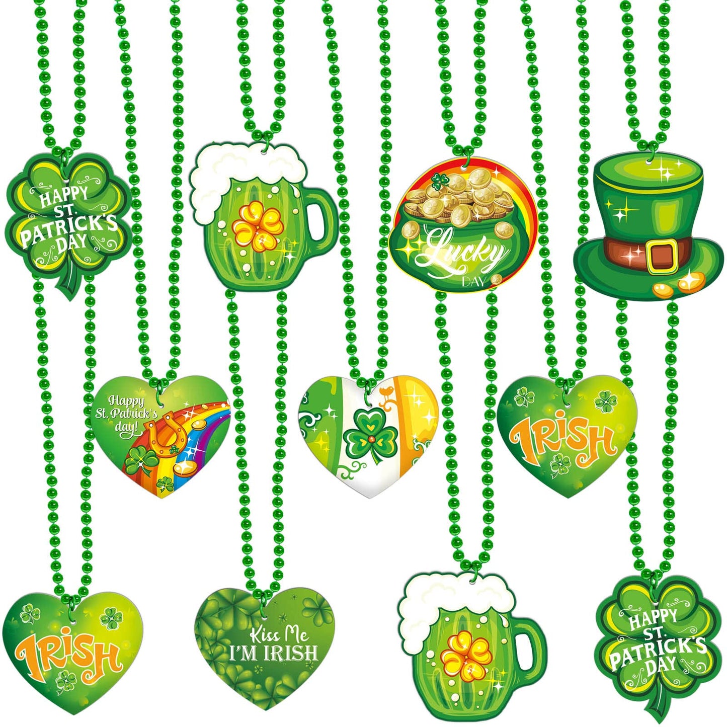 16pcs St. Patrick's Day Necklace bead Shamrock Bead Pendant Necklace for Party Costume Accessories Mardi Gras Party Decor