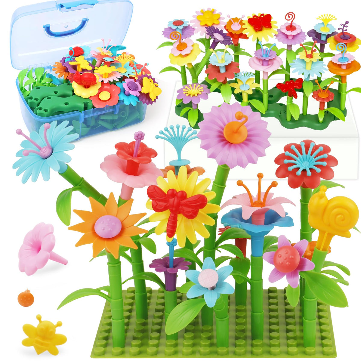 IQKidz Toddler Toys for Girls 24 Years Old, Flower Garden Building with Insect Features, Storage Box for Kids Age 3 5 6 7 8, St