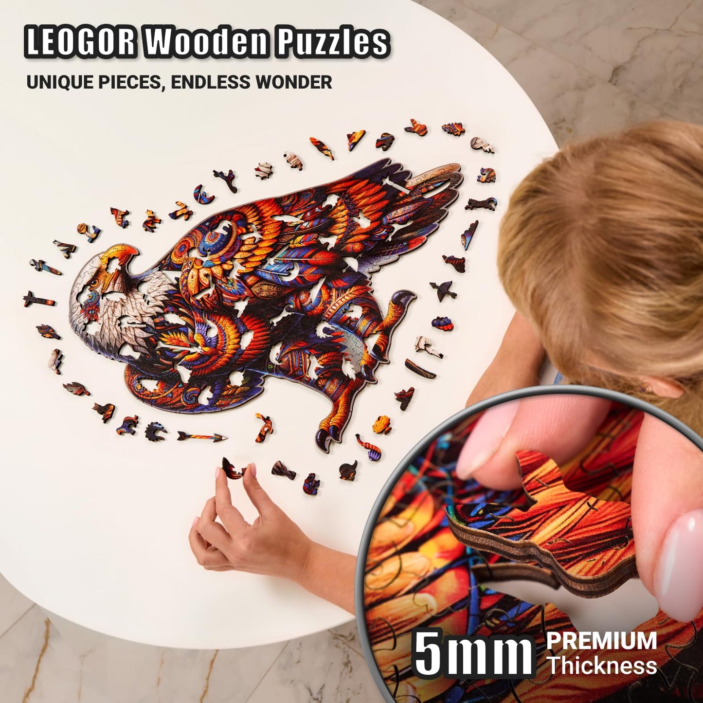 Vivid Eagle Odyssey - 350 Piece Wooden Puzzles for mature-themeds - 17.3 x 16.7 in - Extra-Thick 5 mm Wood Puzzle  Hand-Shaped Pieces  Iconic Bird Mosaic Design - enhanced Gift for Puzzle Lovers by LEOGOR
