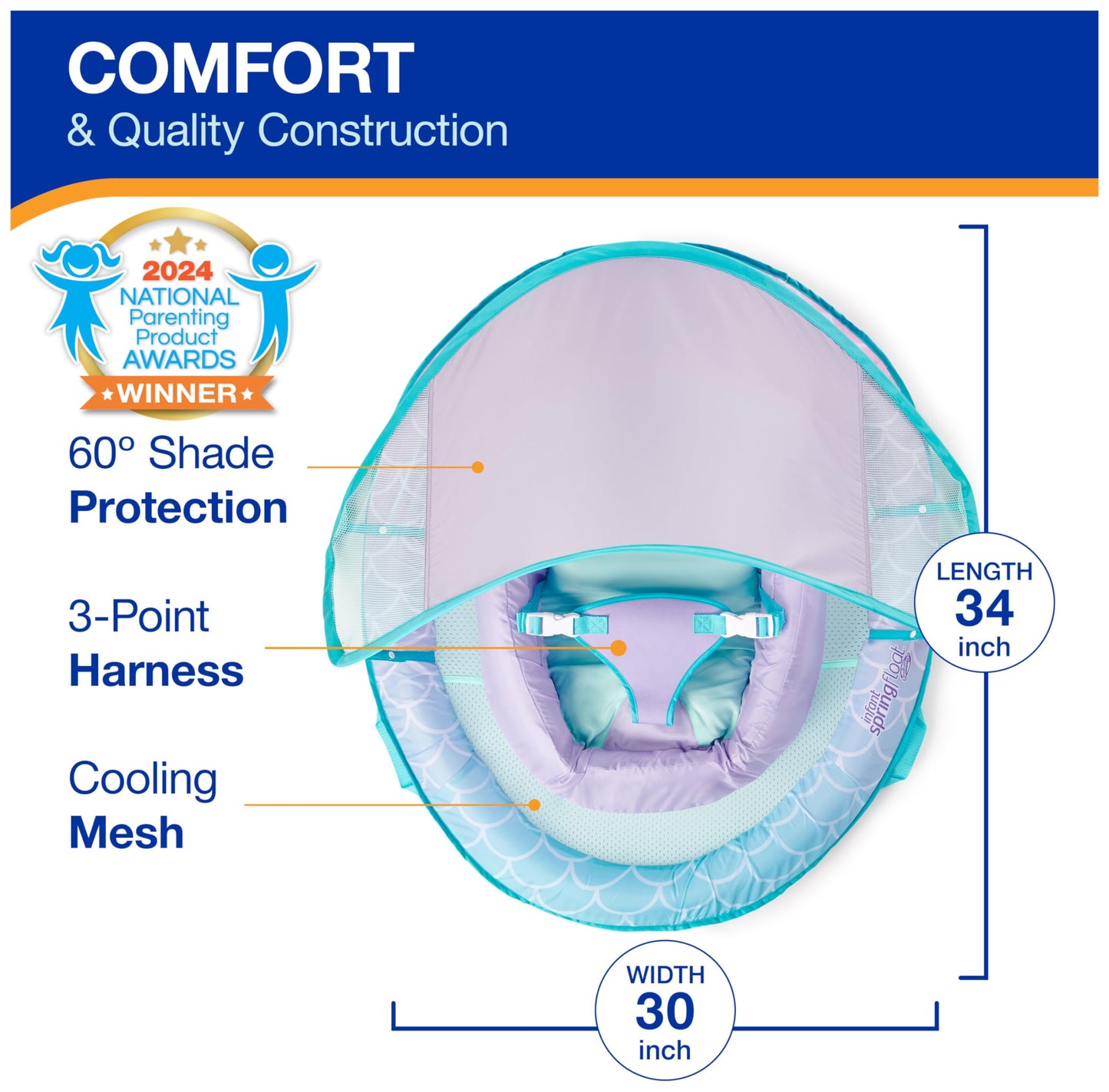 Swimways Infant Spring Float, Baby Pool Float With Canopy & Upf Protection, Swimming Pool Accessories For Kids 3-9 Months, Merma