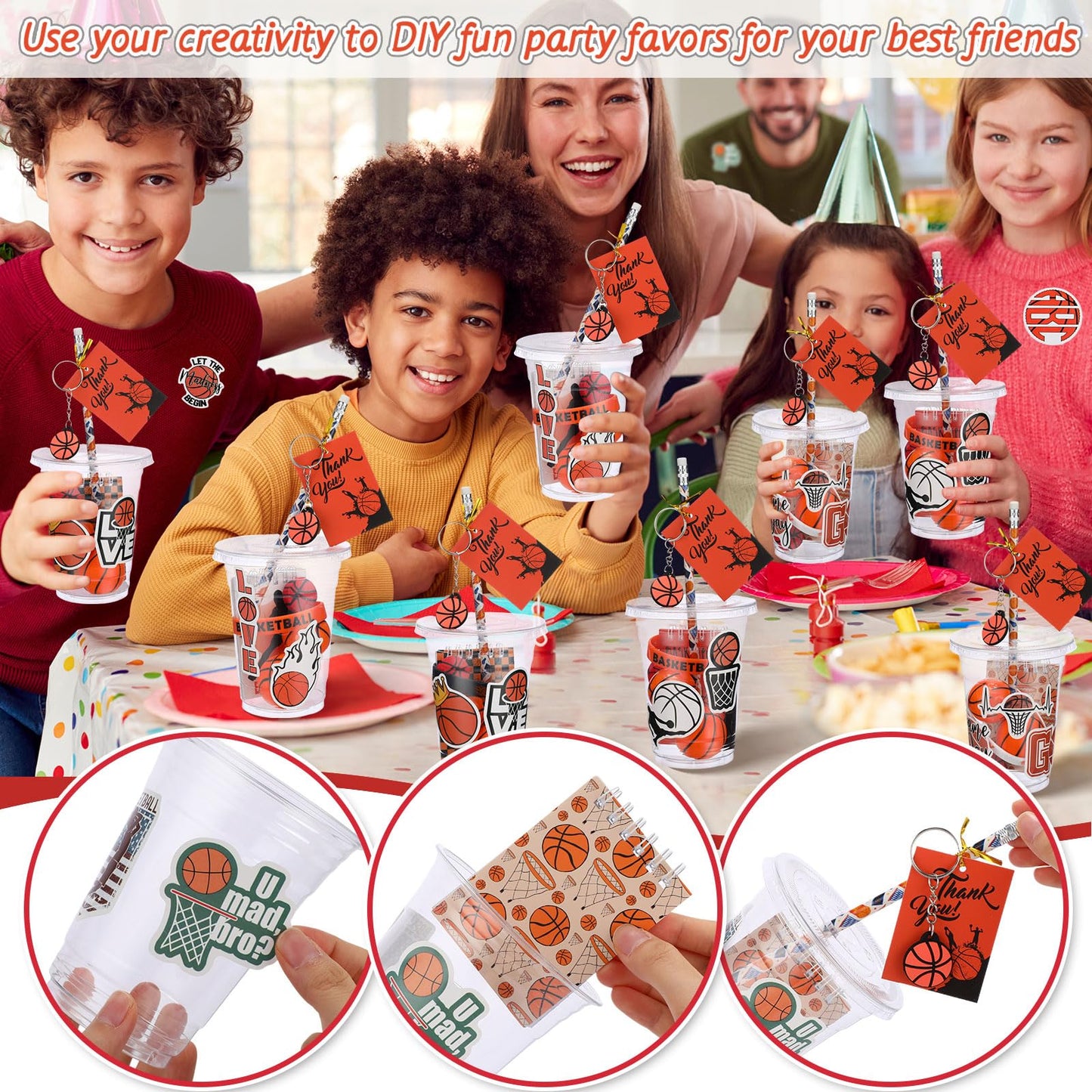 Colarr 195 Pcs Basketball Birthday Gifts Party Favors Gift Cups Pencils Mini Book Keychains Wristbands Stickers Thank You Cards