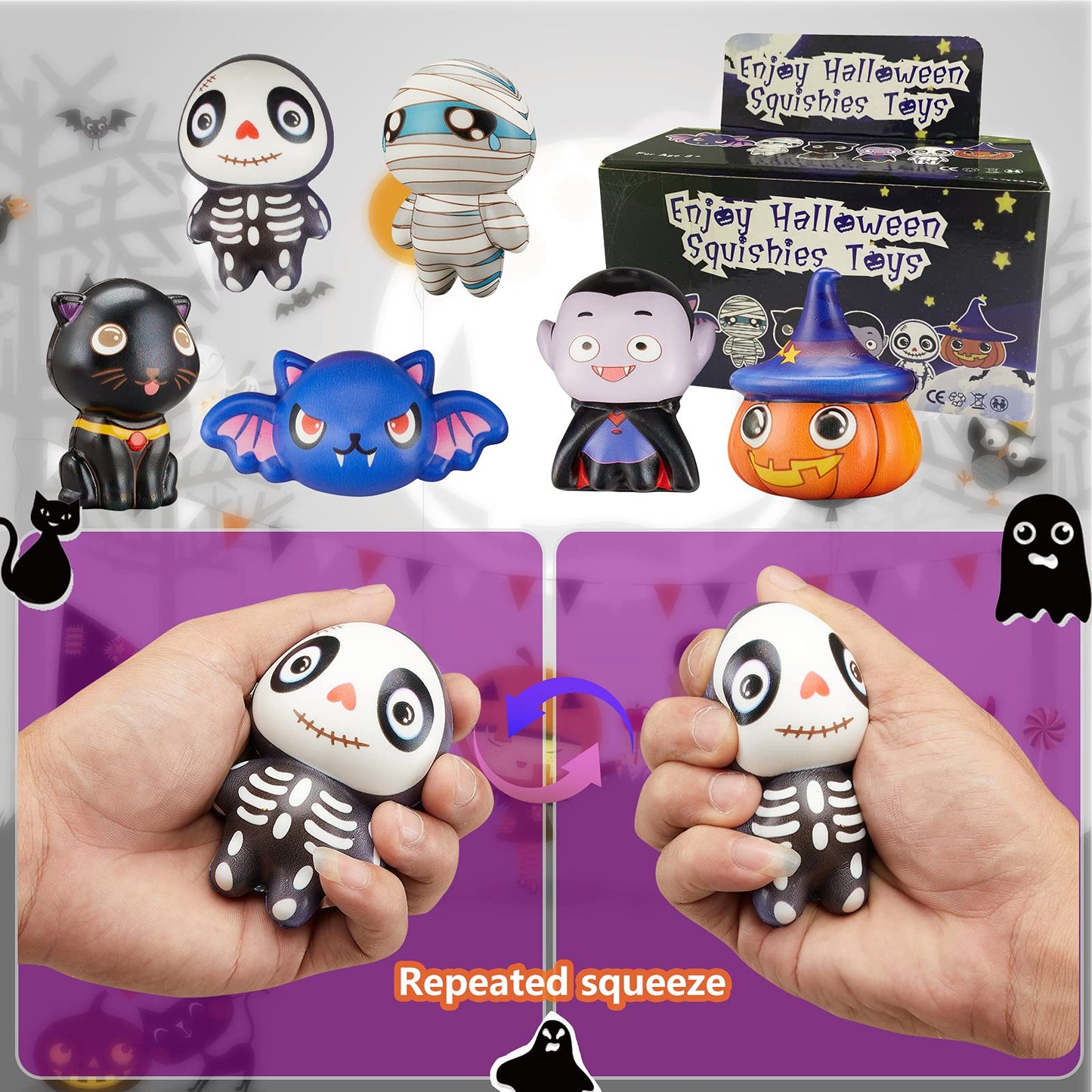 ?New? 6 Packs Halloween Squishies Toys, Slow Rising Squishies Toys- Pumpkin, Vampire,Black Cat,Mummy,Human Skeleton, Bat, Party Favors, Goodie Bag, Super Soft Squeeze Kawaii For Girls Boys, Kids