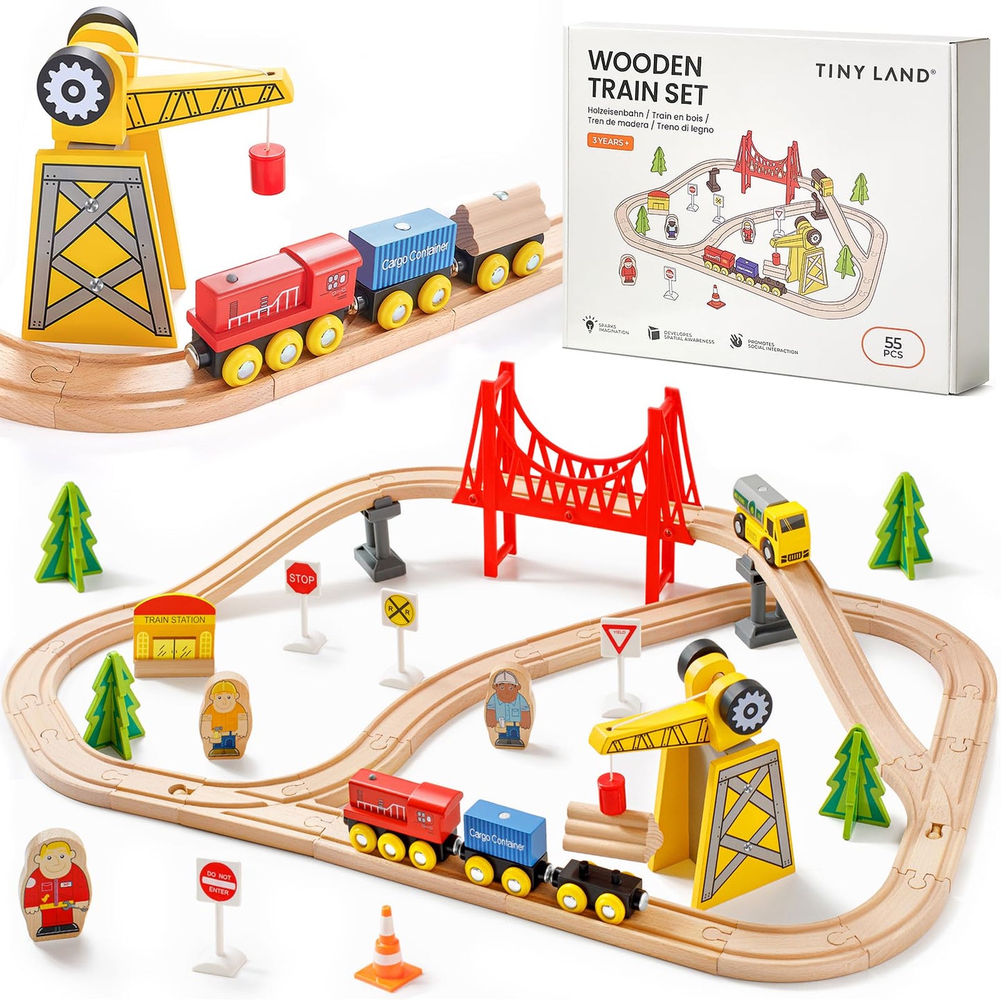 Tiny Land Wooden Train Set - 55PCS Educational Toy for Toddlers & Kids 3-7, Durable Tracks Compatible with Major Brands, Wood Color