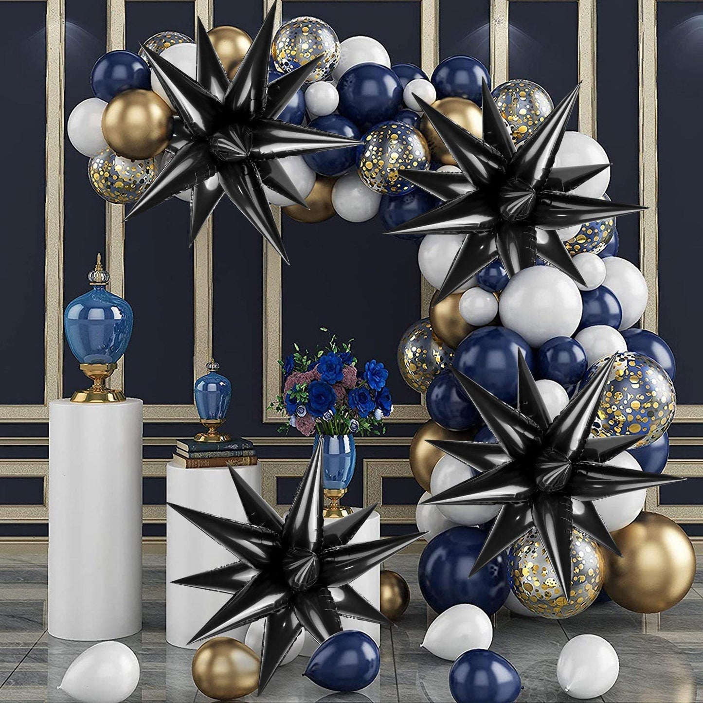 60 Pcs Black Star Balloons Explosion 12 Point Foil Cone Balloons Magic Starburst Balloons Large For Wedding Anniversary Backdrop