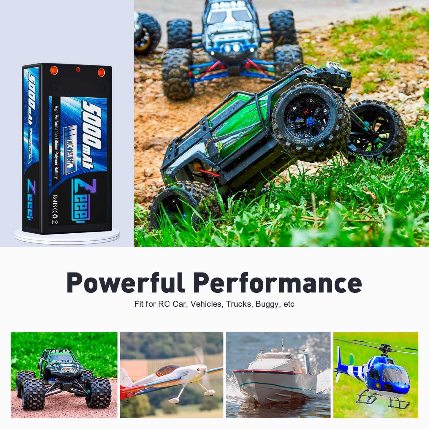 Zeee 2S Shorty Lipo Battery 5000mAh 7.4V 100C Hard Case with 4mm Bullet to Deans Connector for RC 1/10 Scale Vehicles Car Trucks