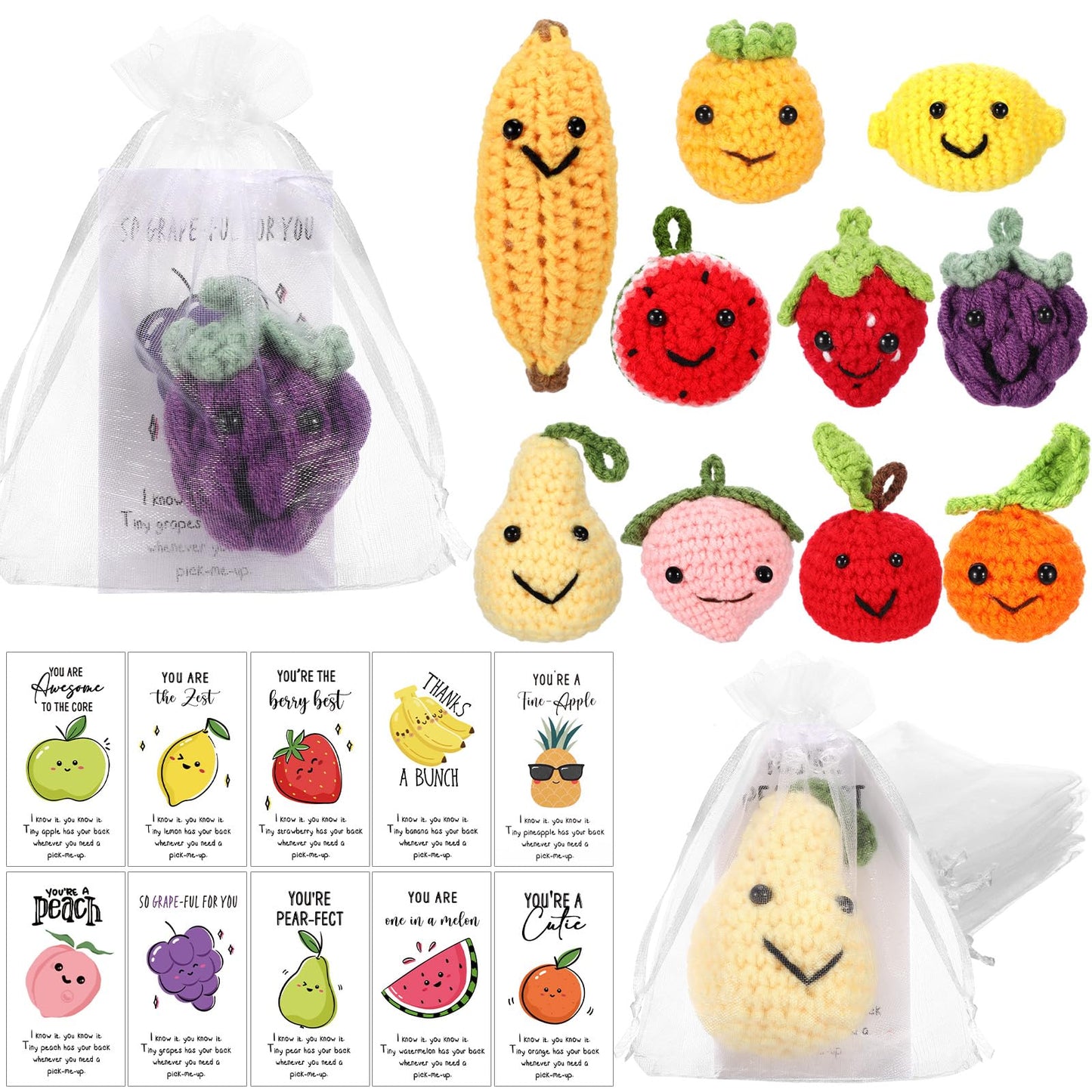 Shappy 50 Sets Inspirational Positive Fruit Toy Gift Cute Funny Wool Knitted Fruit Mini Employee Appreciation Gift Motivational 