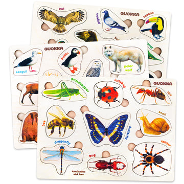 Quokka Wooden Puzzles For Toddlers 1-3 – 3Xset Kids Puzzles Ages 2-4 – Montessori Toy Puzzles For Toddlers 3-5 – Wood Toy Learning Realistic Insects - Arctic Animals - Birds For Boy And Girl