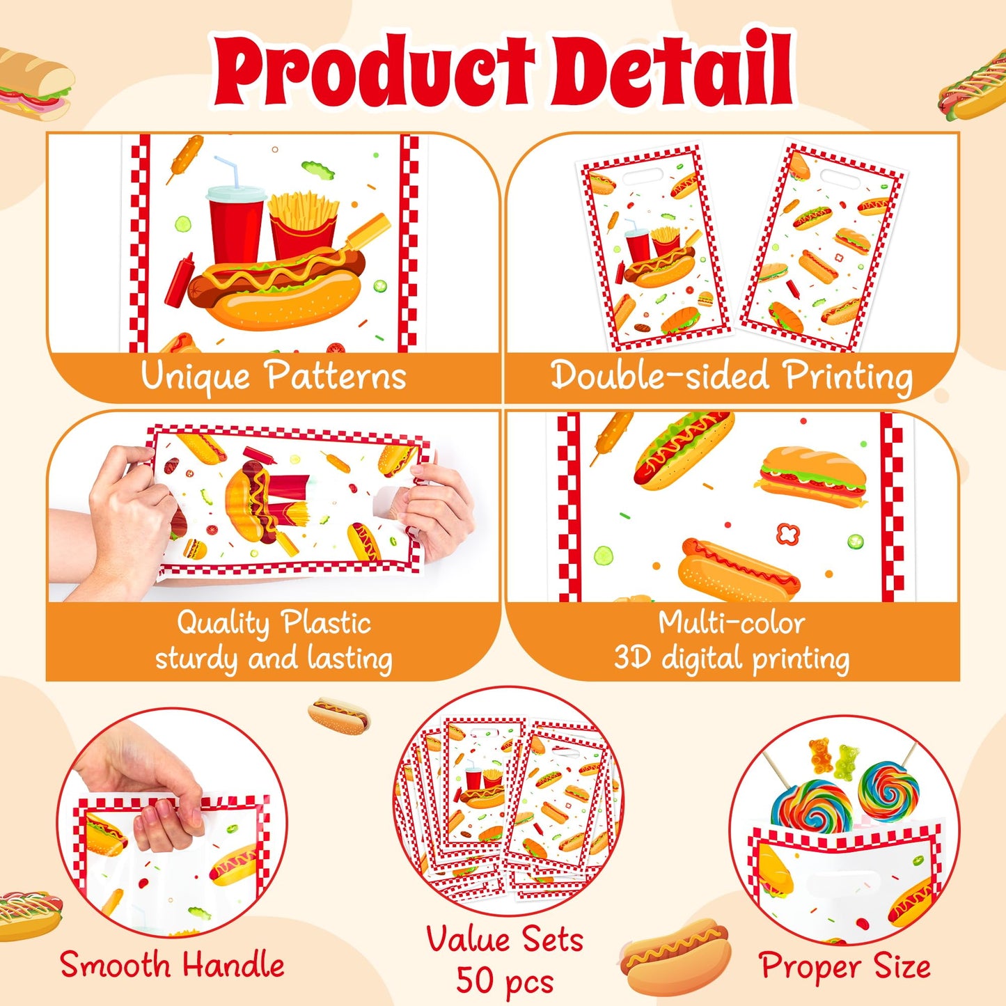 ArianQicult Hot Dog Party Favor Bag 50Pcs Delicious Food Themed Sweet Goody Candy Treat Gift Bags, Snacks Hotdog Pattern Design