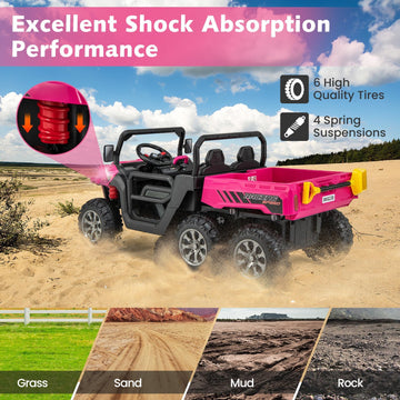 Olakids 24V 2 Seater Ride On Dump Truck, 4Wd 6X6 Battery Powered Kids Utv With Remote Control, 4 X 90W Engine, Electric Dump Bed, Spring Suspension, Ride On Toys For Big Kids (Rose)