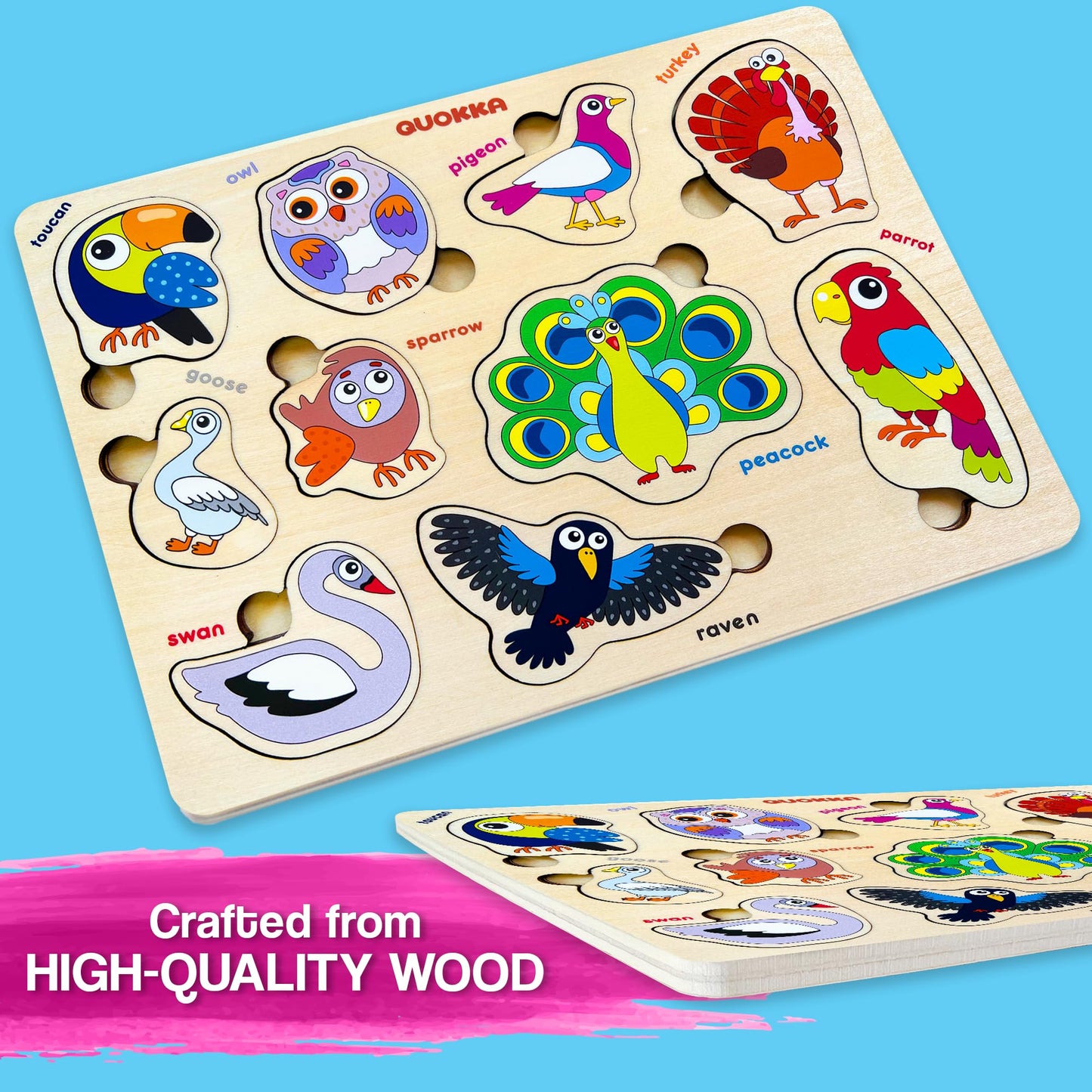 Quokka Wooden Puzzles For Toddlers Ages 1-3-5 - Animal Peg Puzzles For Kids 2-4 Years Old - Set Of 3 Wood Learning Travel Toys F