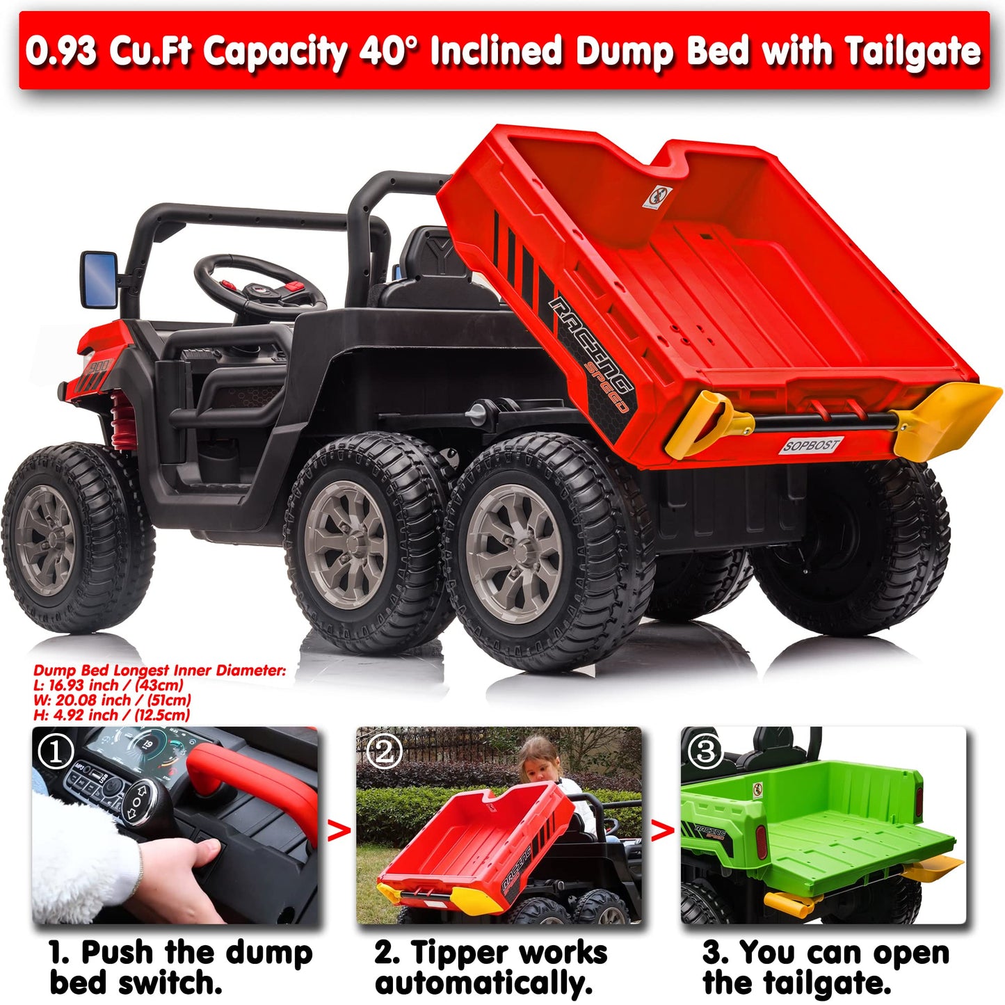 Sopbost 2 Seater 24V Kids Ride On Truck With Electric Dump Bed, Extra Shovel, 4Wd Battery Powered Ride On Toy Car With Remote Control, Music Play, Eva Tires Wheels, Red