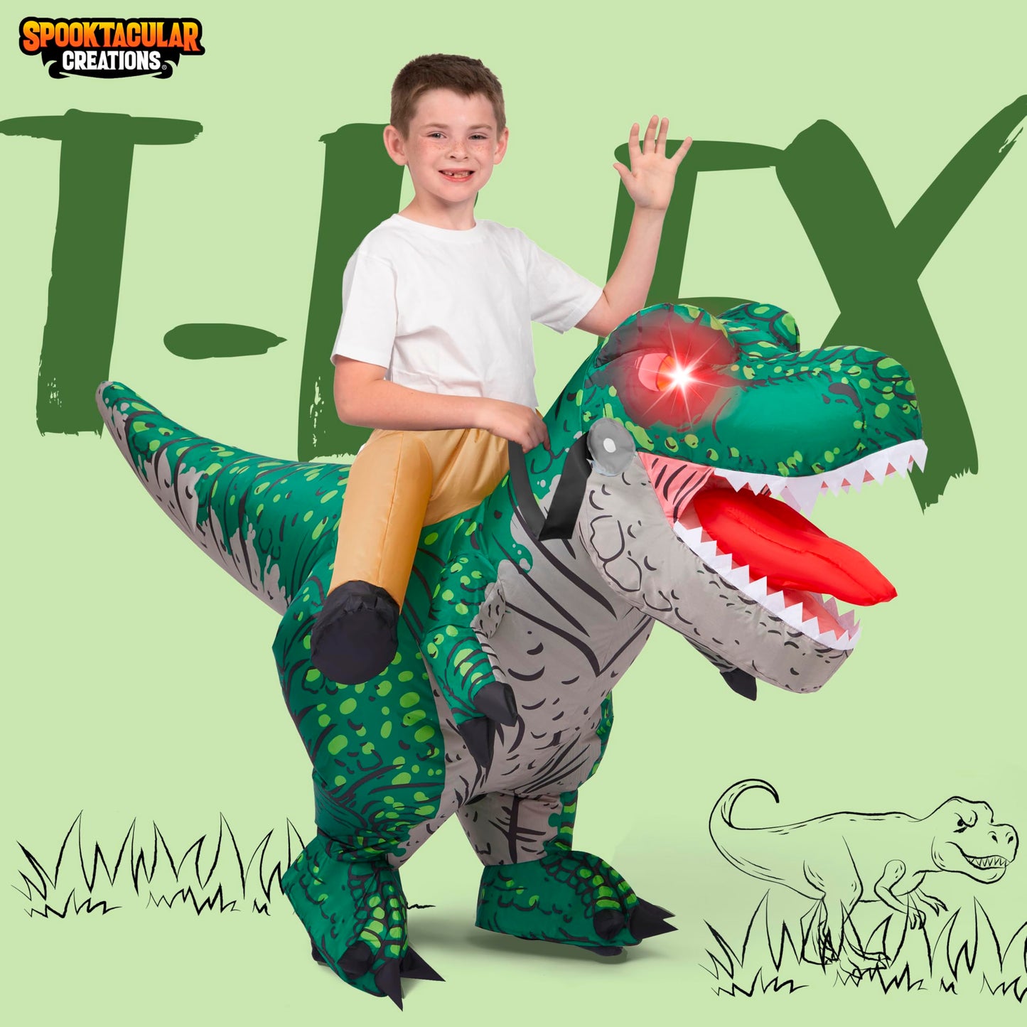 Spooktacular Creations Kids Halloween Inflatable Dinosaur Costumes, Light-Up Eyes Riding A T-Rex Inflatable Costume, Green Rawr Blow Up Dinosaur Costumes For Halloween Costume Cosplay Themed Parties