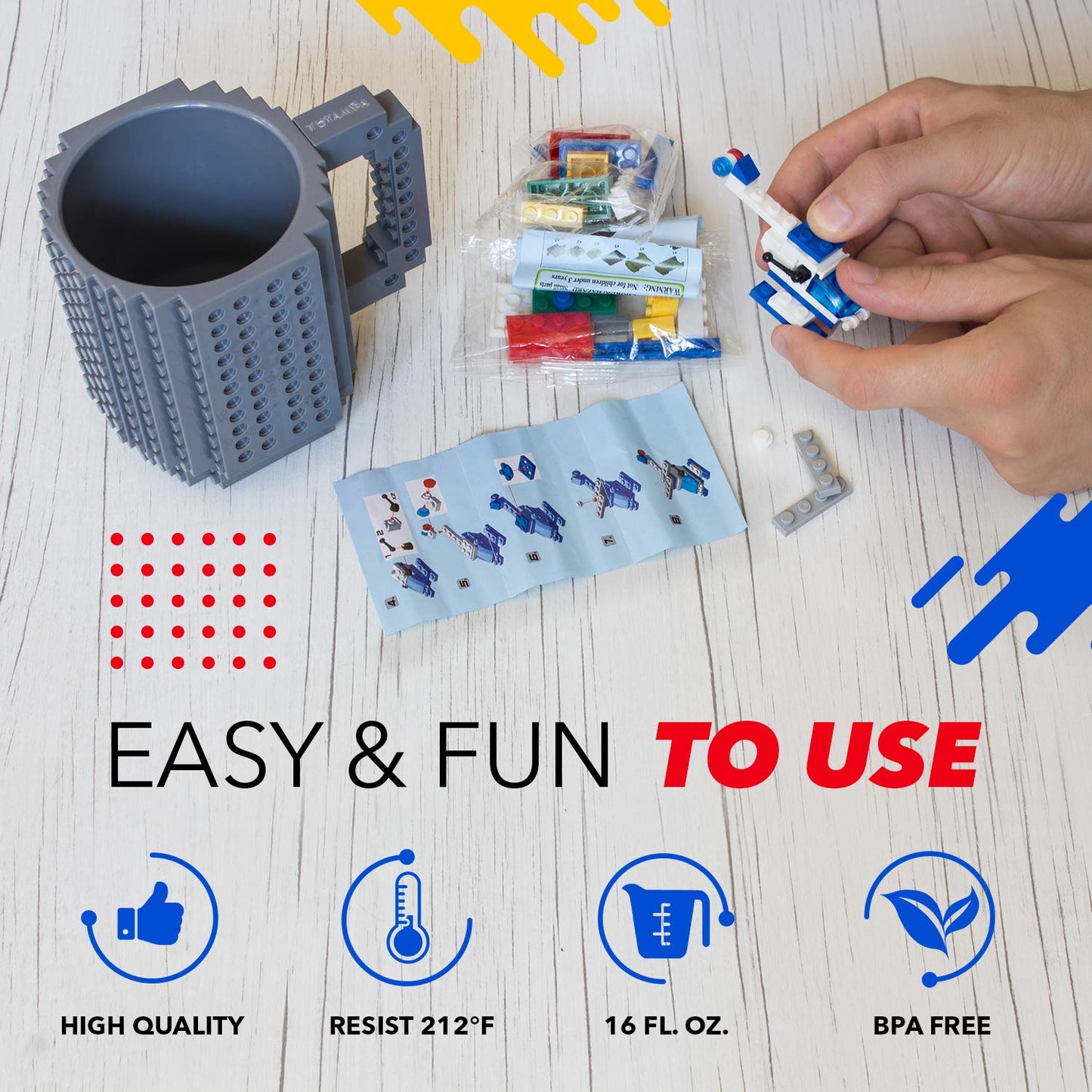 Toyamba Build-On Brick Mug Bpa-Free Funny Coffee Mug With 3 Packs Of Building Bricks, Funny Cups For Kids - Creative Building Bl