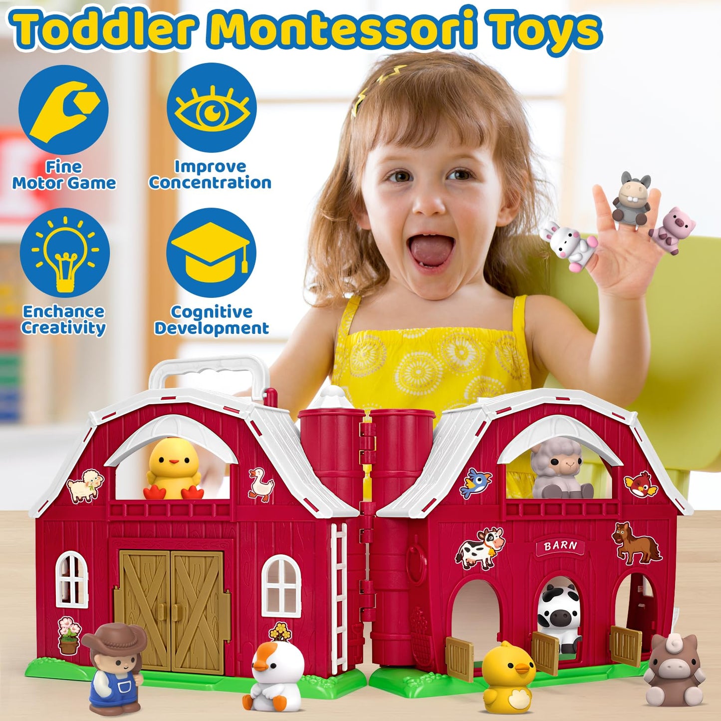 Kmuysl Toys For 1 2 3 Years Old Boys Girls, Big Red Barn Farm Animal Playset For Boys Girls, Learning Toys, Montessori Toys, Christmas Birthday Easter Gift For Baby Kids Toddlers Age 12-18 Months