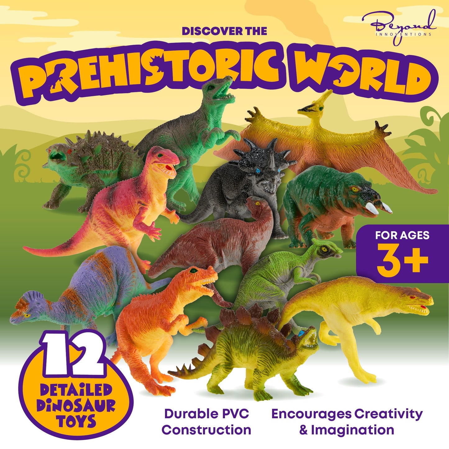 Beyond Innoventions Dinosaur Toys For Kids 2-4 | Value Pack Of 12 Realistic Dino Toys, Play Mat & Storage Box Included | Non-Tox