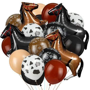 Hungdao 52 Pcs Western Party Horse Balloons Cowboy Decoration Kit Rodeo Farm Bandana Cowgirl Foil Latex Balloons Bulk For Baby Shower Birthday Arch Decor(Dark Series)