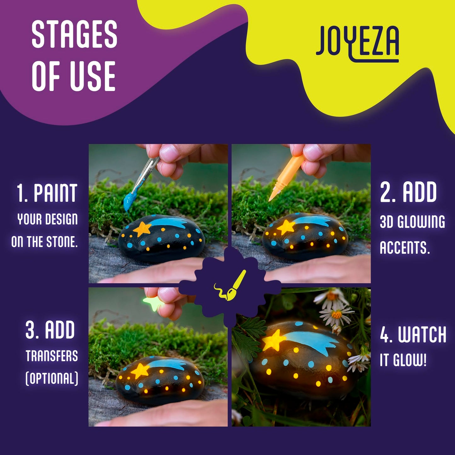 JOYEZA Rock Painting Kit Glow in The Dark, Arts and Crafts for Girls and Boys Age 6+, 12 Painting Rocks for Kids, Waterproof Pai