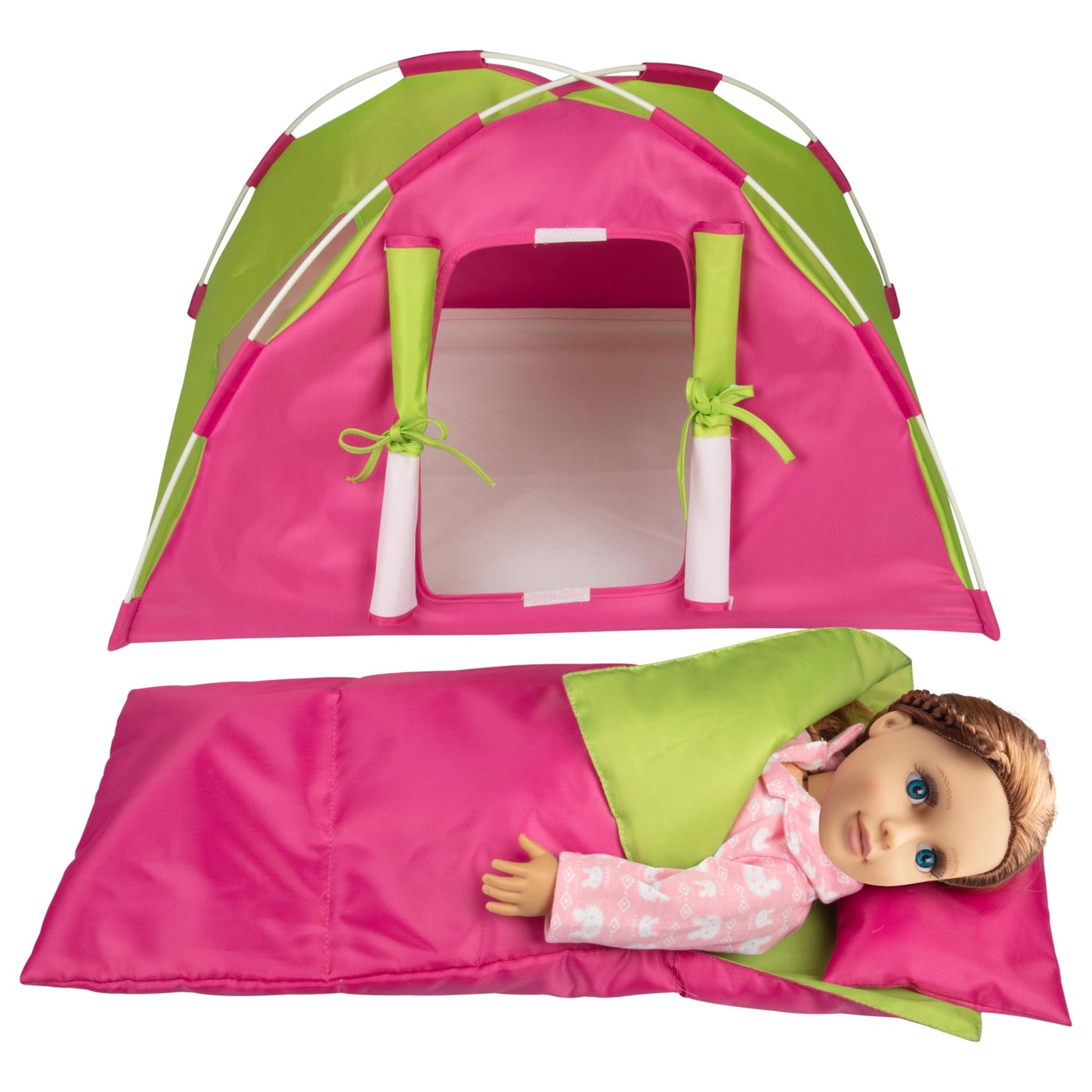 Dress Along Dolly Doll Camping Bed Tent w Sleeping Bag & Pillow - enhanced Handmade Furniture Accessories for 18 Dolls - Large Sized -23x 15x14