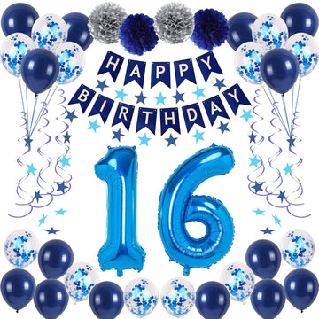 Naninuneno 16Th Blue Birthday Party Decorations For Boy Girl Men Women, Happy 16 Birthday Balloons Supplies With Happy Birthday