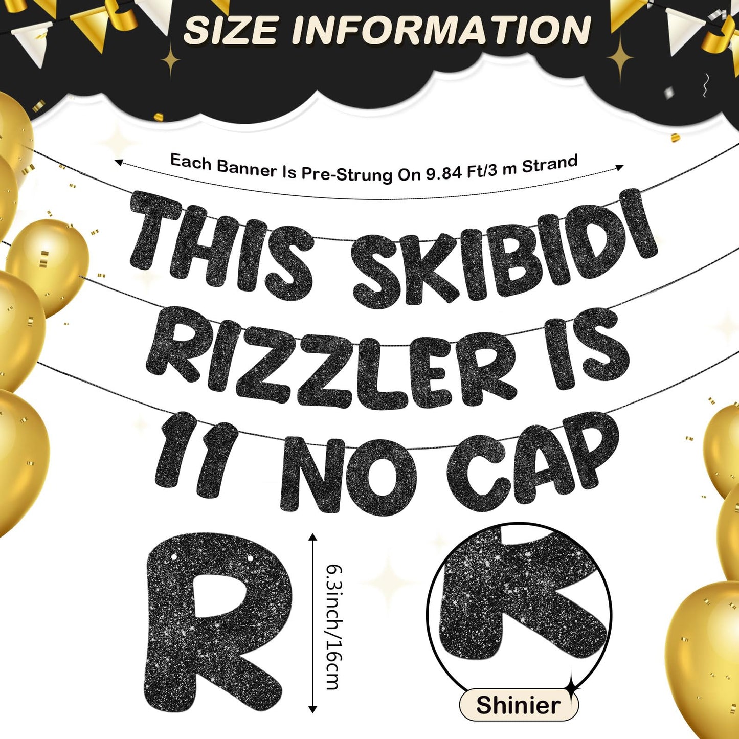 Fulmoon Pre Strung This Skibidi Rizzler Is 11 No Cap Glitter Banner 11th Birthday Party Decorations, Funny Birthday Sign, Party