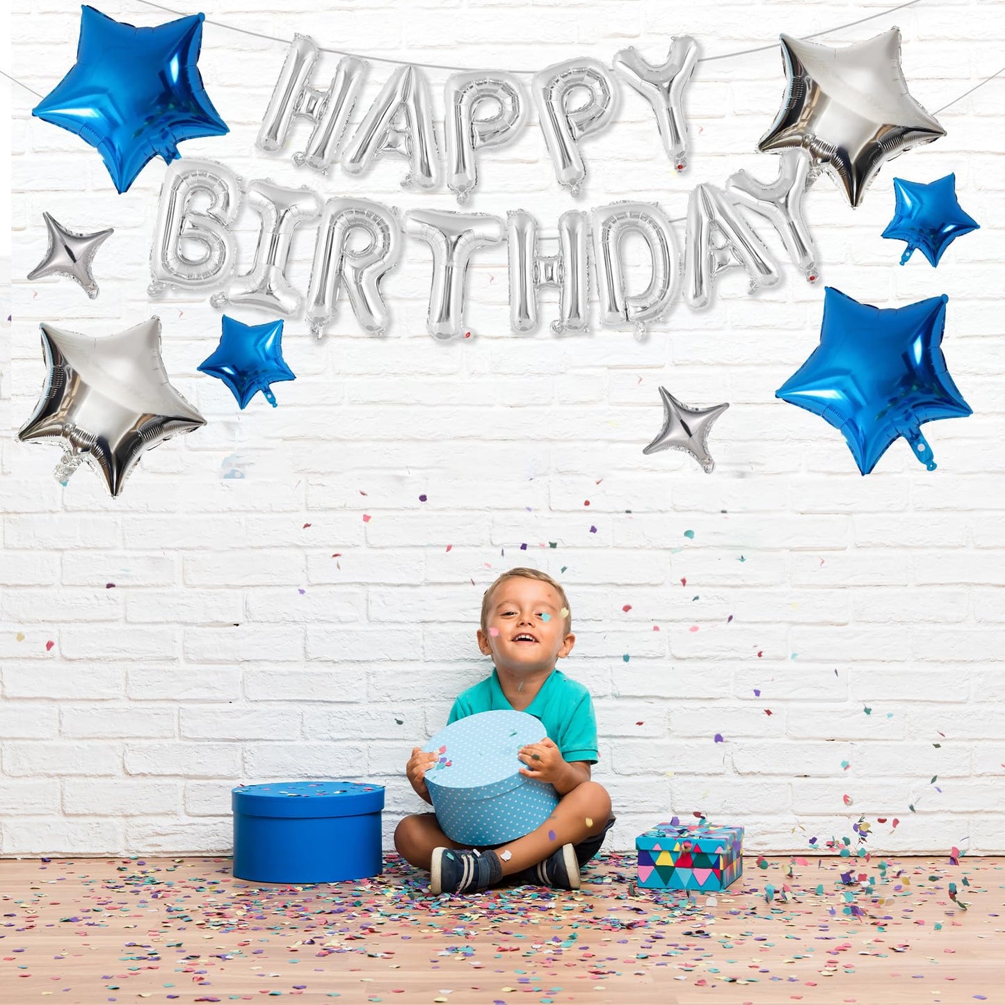 Happy Birthday Balloons Banner, Silver Happy Birthday Foil Balloons 16 Inch Mylar Foil Letter Balloons With 8 Pcs Blue Silver St
