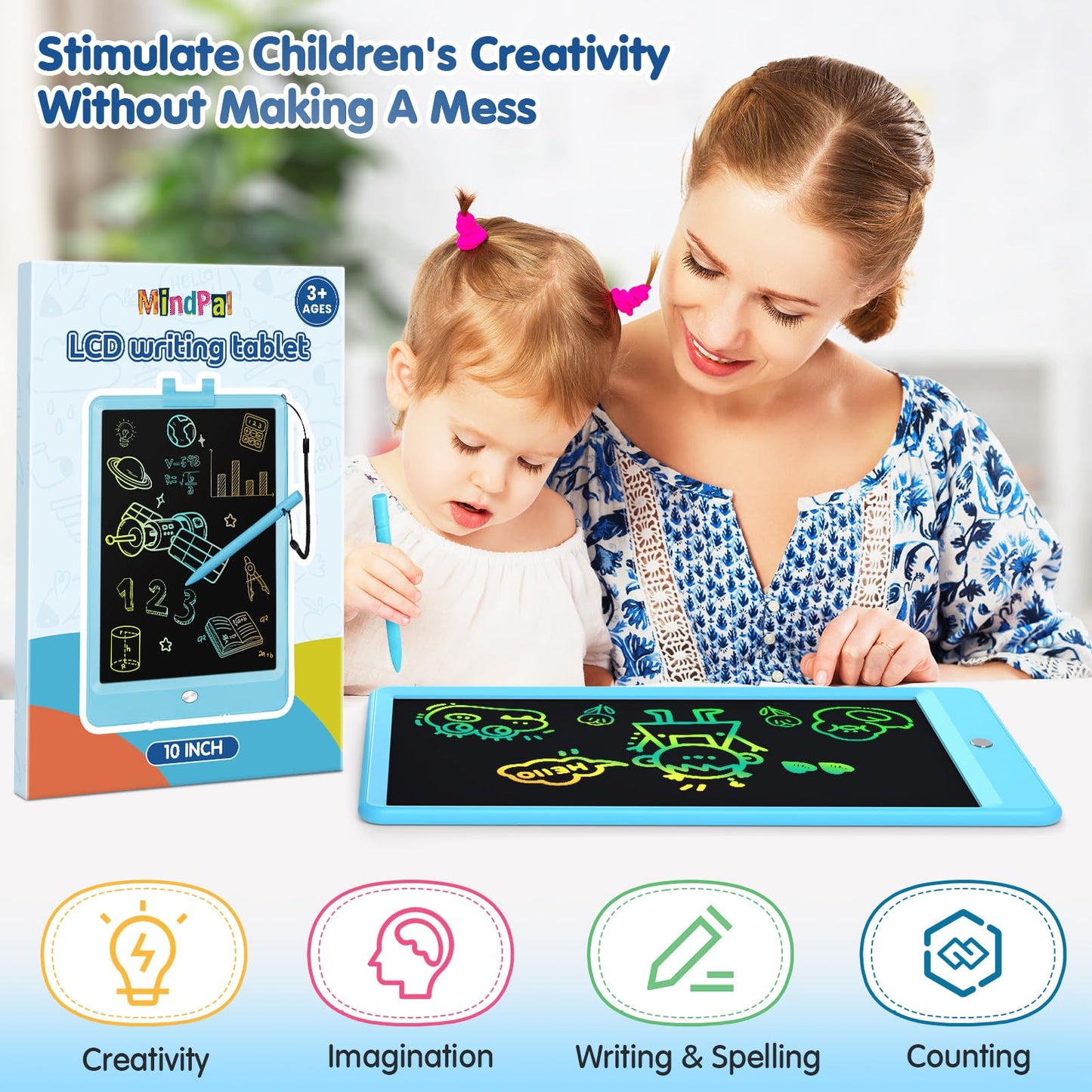 MindPal 10 Inch Drawing Tablet, LCD Writing Tablet for Kids, Colorful Doodle Board Toddler Drawing Pad, Educational Learning & T