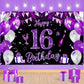 Purple 16Th Birthday Decoration Banner For Girls Large Black Purple Silver Happy 16Th Birthday Banner Purple And Black 16Th Background For 16Th Birthday Anniversary Party Supplies