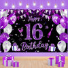 Purple 16Th Birthday Decoration Banner For Girls Large Black Purple Silver Happy 16Th Birthday Banner Purple And Black 16Th Background For 16Th Birthday Anniversary Party Supplies
