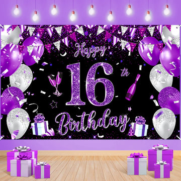 Purple 16Th Birthday Decoration Banner For Girls Large Black Purple Silver Happy 16Th Birthday Banner Purple And Black 16Th Background For 16Th Birthday Anniversary Party Supplies