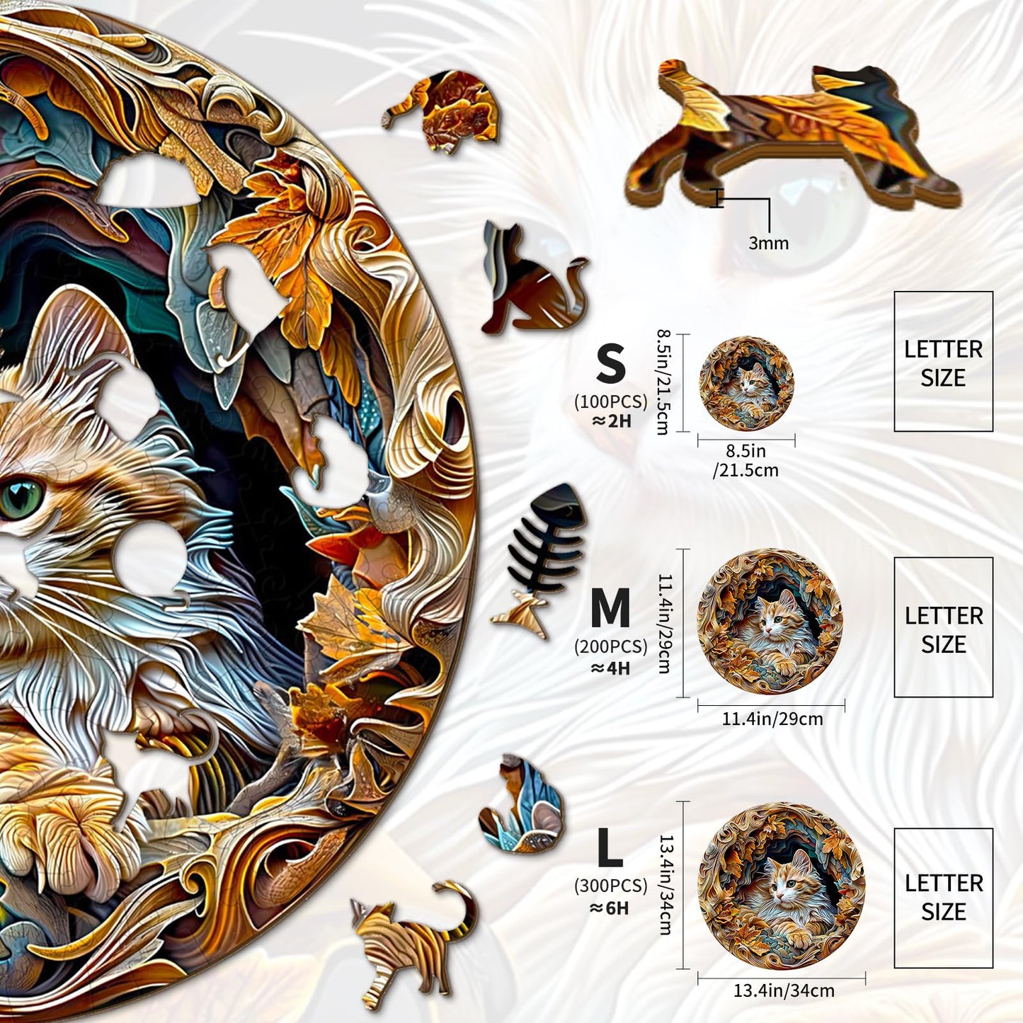 Wooden Puzzle for mature-themeds-3D Vision Effect Cat Wooden Puzzle Unique Shape Advanced Wooden Jigsaw Puzzle for mature-themed  Wood Puzzles Challenge Wooden Jigsaw Puzzle (13.4 * 13.4in-300pcs)