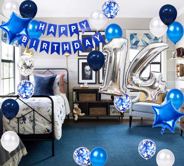 14Th Birthday Party Decoration For Boys, Number 14 Birthday Balloons Happy Birthday Banner Blue 14Th Birthday Latex Confetti Bal