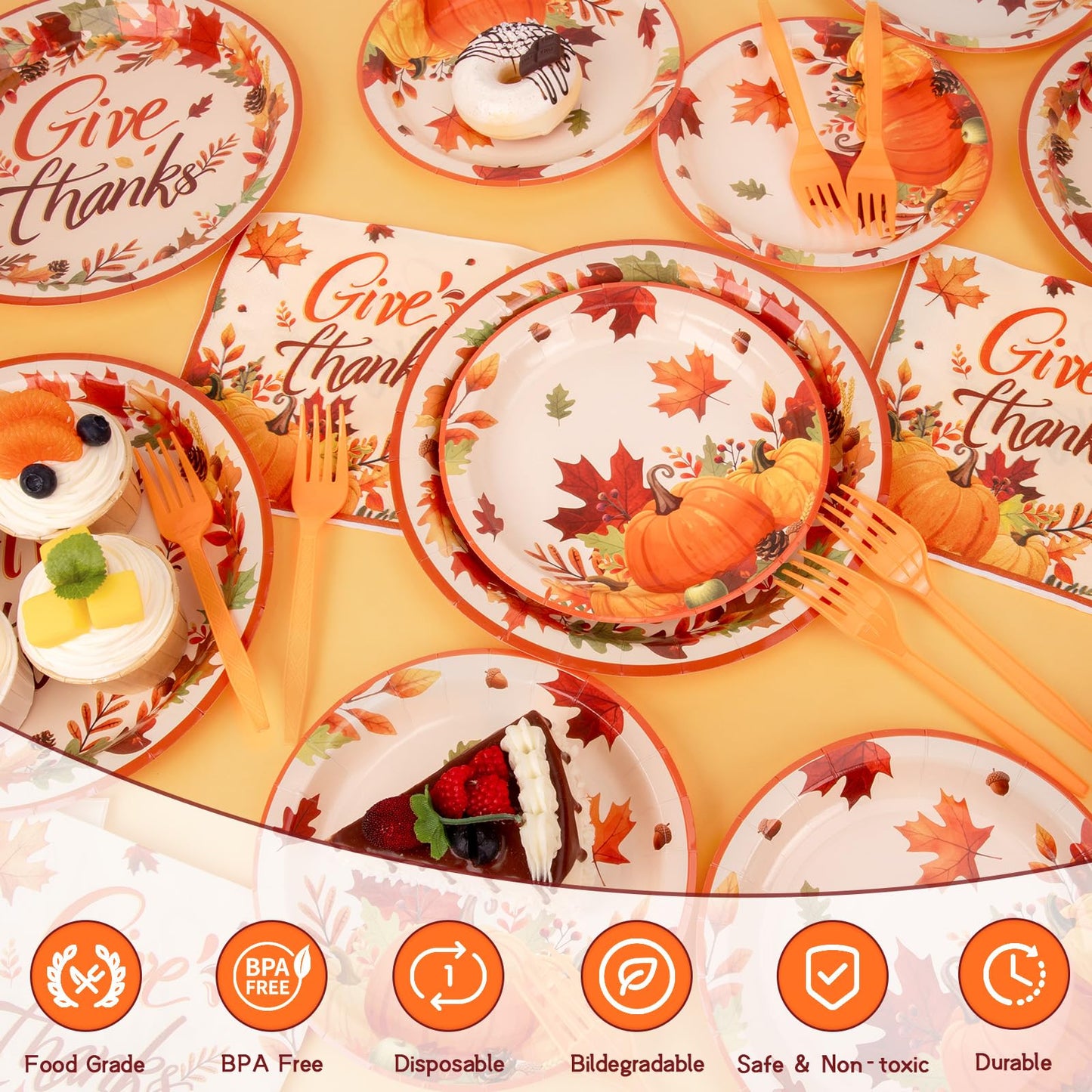 Thanksgiving Plates, 98PCs Give Thanks Plates Serves 24 with Napkins Tablecloth and Give Thanks Banner Forks for Fall Autumn Tha