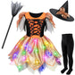 Girls Light-Up Witch Costume for Halloween - Orange&Black Glowing Witch Dress Up Costume Party Set with Broom & Hat & Wand & Bag & Pantyhose 10-12 Years